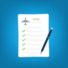 Flight insurance document. Airlines risk safety assurance agreement, checklist. Airplane travel coverage protection.