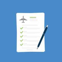 Flight insurance document. Airlines risk safety assurance agreement, checklist. Airplane travel coverage protection.