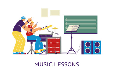 Man learning to play drums with teacher, music lesson advertising - flat vector illustration isolated on white.