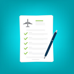 Flight insurance document. Airlines risk safety assurance agreement, checklist. Airplane travel coverage protection.
