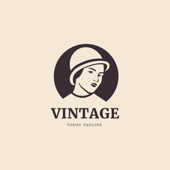 woman head beauty vintage logo design vector graphic illustration