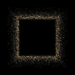 Square frame with gold glitter. Vector gold dust isolated on black background. Template for postcards, wedding invitations, holiday posters and flyers. - obrazy, fototapety, plakaty