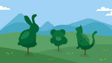 Bushes trimmed in the form of a hare, a bear cub and a cat