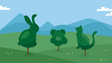 Naklejka premium Bushes trimmed in the form of a hare, a bear cub and a cat