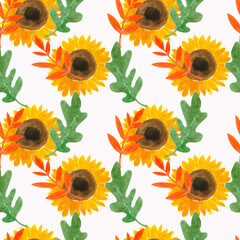 Seamless pattern of watercolor sunflowers Autumn theme.