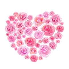 薔薇を敷き詰めたハート。　水彩イラスト。（透過背景）
