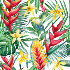 Hummingbird and tropical flower, seamless pattern, watercolor illustration, jungle design