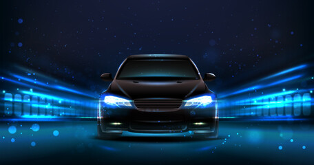 3d realistic vector background. Racing car in the night with street lights.
