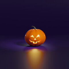 Halloween pumpkin with eyes glowing inside at dark background. 3d illustration.