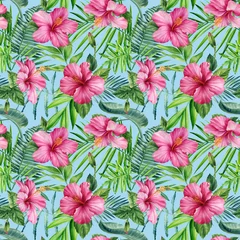 Foto op Plexiglas Hibiscus Flowers and palm leaves, seamless pattern tropical plants watercolor illustration, jungle design © Hanna