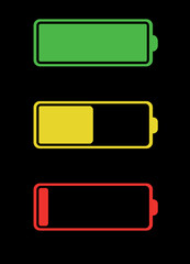 Battery icons. Charging process. Low, medium and high battery level.