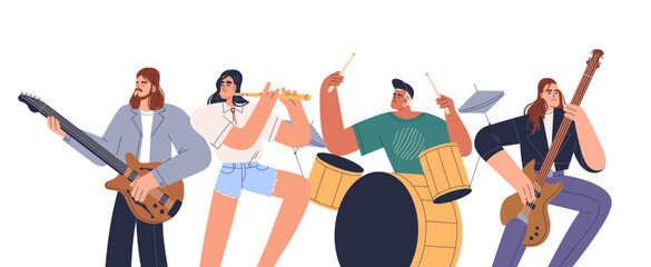 Music band playing instruments. Rock group with men, women musicians performing on guitar, drum, flute. Modern instrumentalists team performance. Flat vector illustration isolated on white background © Good Studio