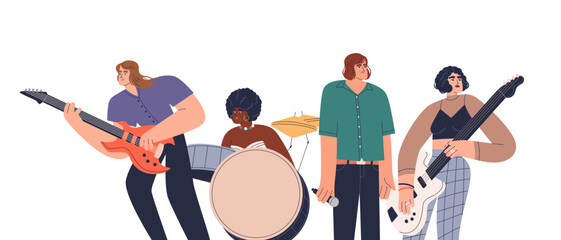 Music band playing instruments. Musicians group performing on guitar, drum. Multiethnic people artists, vocalist and instrumentalists. Flat graphic vector illustration isolated on white background