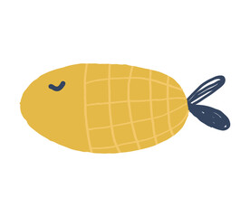 Cute hand drawn fish. yellow simple animal with big eyes and stripes.