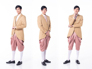 Obraz premium Collage Group Full length Figure snap of 20s Asian man black hair suit jacket pant and shoes. Wedding male stands and pose confident over white Background isolated