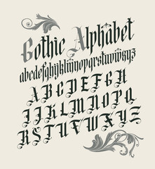 Gothic font. Full set of capital letters of the English alphabet in vintage style. Medieval Latin letters. Vector calligraphy and lettering. Suitable for tattoo, label, headline, poster - obrazy, fototapety, plakaty