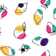 Bright Citrus and Blueberry Vector White Seamless