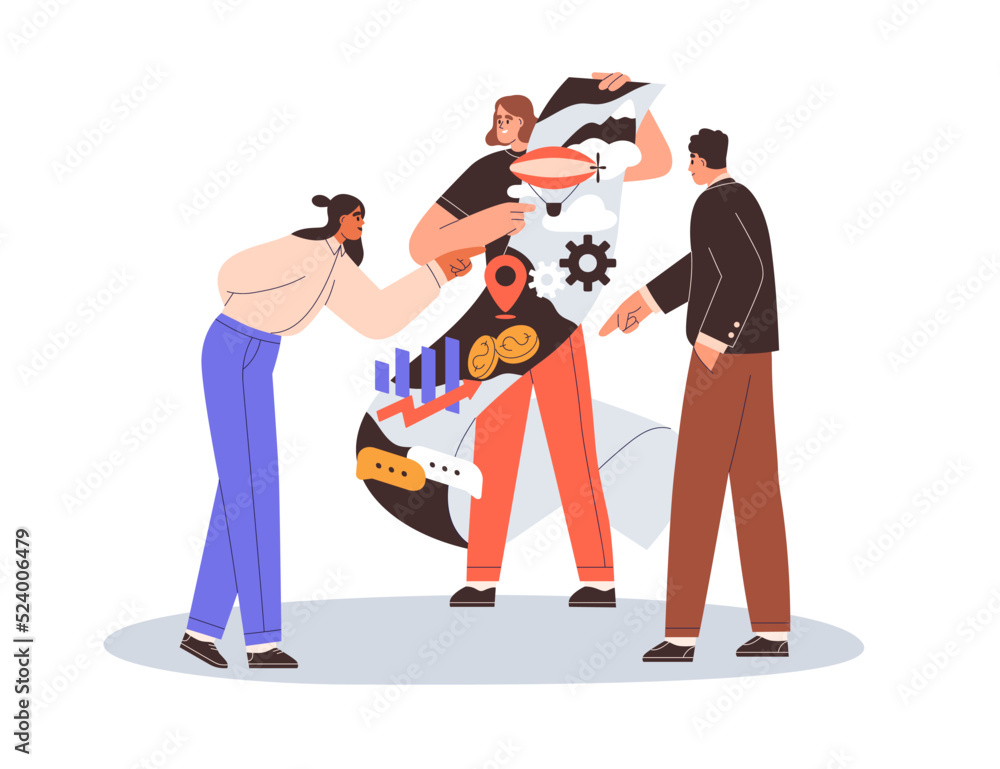 Poster Presenting business idea, startup project. Storytelling in marketing concept. Abstract visual presentation of creative company development. Flat vector illustration isolated on white background