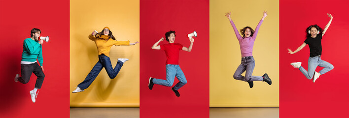 Collage. Group of young cheerful people, man and woman in casual clothes jumping isolated over...
