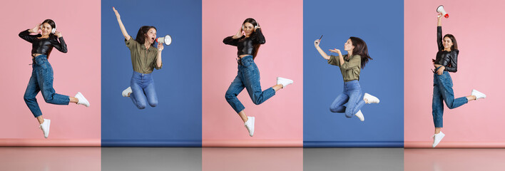 Collage. Portraits of young beautiful girls jumping, shouting in megaphone isolated over pink blue...