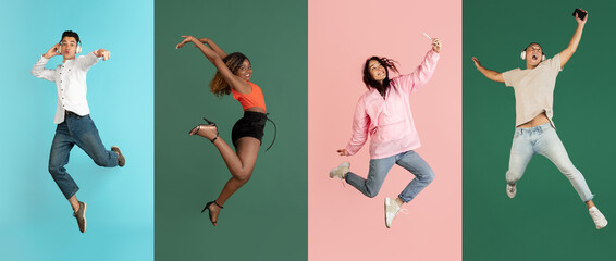 Collage. Group of people, young women and man jumping isolated over multicolored background. Student lifestyle