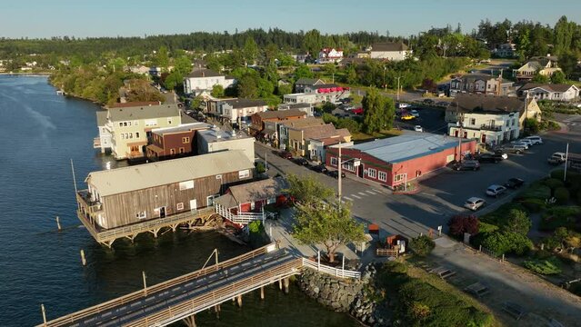 Orbiting drone shot of the historic Coupeville downtown district, the second oldest city in Washington State.