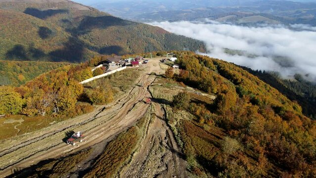aerial view of trail road to the top of carpathian mountains