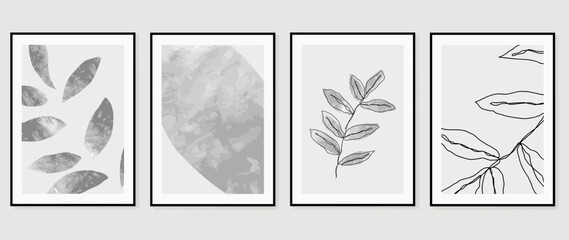 Set of abstract wall art vector. Design with foliage, tree, leaf branch, monochrome, black, white, grey color. line art. Watercolor painting for wall decoration, interior, prints, cover, and postcard.