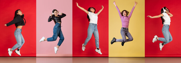 Collage. Group of young people, man and woman, cheerfully jumping, posing isolated over...