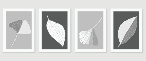 Set of abstract botanical wall art vector. Design with ginkgo, leaf, foliage, monochrome, black, white, grey color. Watercolor painting for wall decoration, interior, prints, cover, and postcard.