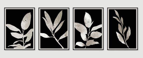 Set of abstract wall art vector. Design with leaf branch, leaves, foliage, plants, monochrome, black, white color. Botanical painting for wall decoration, interior, prints, cover, and postcard.