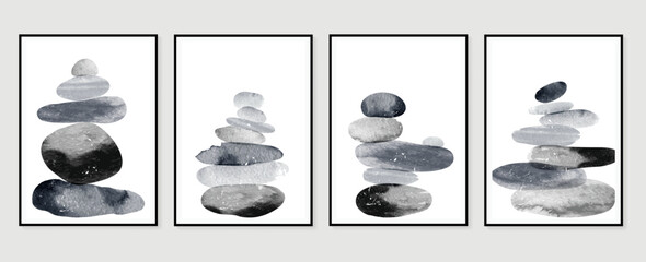 Set of abstract wall art vector. Design with organic shapes, rocks, stones, monochrome, black, white color. Watercolor painting for wall decoration, interior, prints, cover, and postcard.