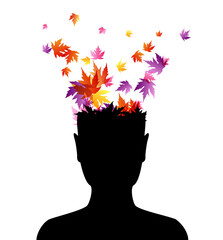 Head with flying colorful autumn leaves . Vector decoration from scattered elements. Colorful isolated silhouette. Conceptual illustration.