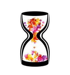 Hourglass with sand from colorful autumn leaves. Vector decoration from scattered elements. Colorful isolated silhouette. Conceptual illustration.