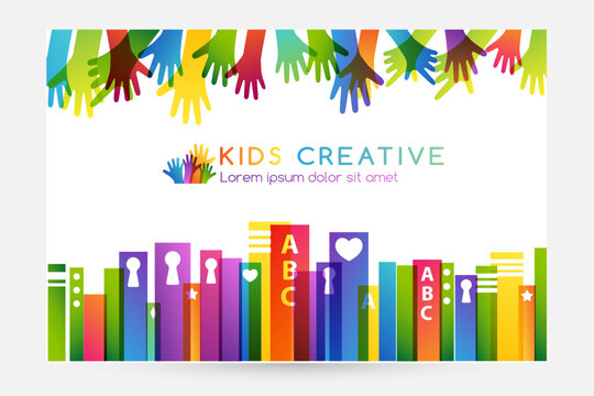 Colorful books with children hands. Horizontal divider. Kids creative conceptual vector illustration.