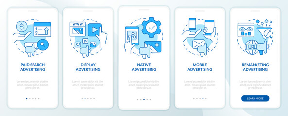 Types of digital advertising blue onboarding mobile app screen. Walkthrough 5 steps editable graphic instructions with linear concepts. UI, UX, GUI template. Myriad Pro-Bold, Regular fonts used