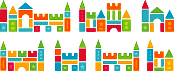 Kids castles from colorful toy blocks. Child's vector decoration set.
