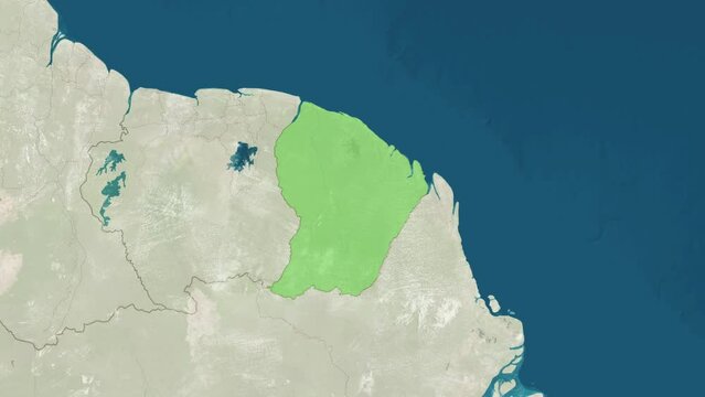Zoom in to the map of French Guiana with text, textless, and with flag