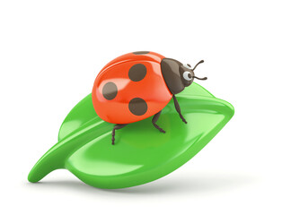 Cartoon ladybug on green leaf isolated on white. Clipping path included