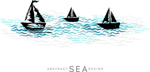 Sailboats on the waved surface. Hand drawn illustration.