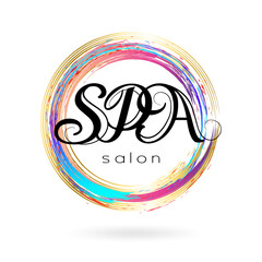 Spa and beauty salon emblem. Ink zen circle with golden, pink and blue colors. Hand drawn abstract decoration element.
