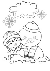 Kids and Snowman Coloring Pages A4 for Kids and Adult
