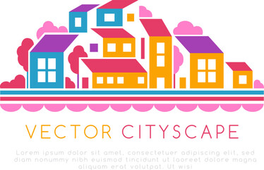 Fototapeta na wymiar City landscape or hill town illustration in simple flat style. Vector design element with minimal geometric composition. Buildings, trees and water line.