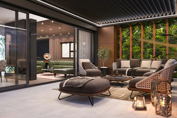 Luxury apartment terrace with patio. Couch, armchairs, coffee table, candles, carpet, plants, sky, and living room in the background. 3d illustration