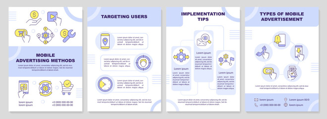 Mobile advertising purple brochure template. Digital methods. Leaflet design with linear icons. Editable 4 vector layouts for presentation, annual reports. Arial-Black, Myriad Pro-Regular fonts used