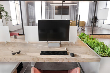 Large blank monitor with keyboard and mouse on office desk. Corporate business interior. 3d illustration