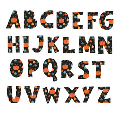 Decorative alphabet . Autumn print of pumpkin and leaves on a black background. For the design of beautiful inscriptions, postcards, posters, congratulations.