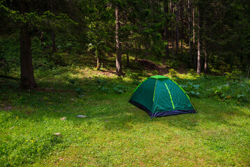 Tourist green tent on the background of forest in the foreground green grass. Camping and tent...
