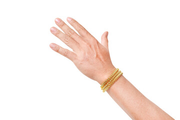hand and gold bracelet isolated on white background with clipping path included - obrazy, fototapety, plakaty