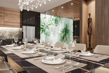Luxury apartment dining room interior 3d rendering